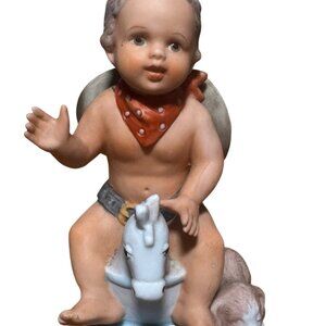 Porcelain Figurine Riding Rocking Horse With Dog & Flower Decoration By Perillo